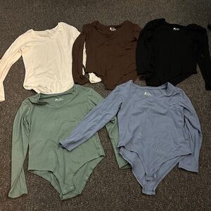 5 Women’s V Neck long Sleeve Bodysuits in Sage,Brown,White,Blue,Black Medium
